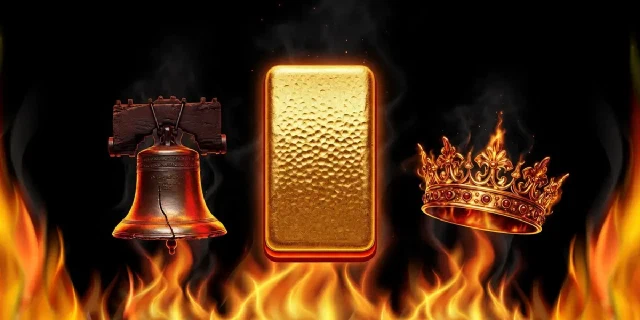Glocke, Goldbarren und Krone mit Flammen